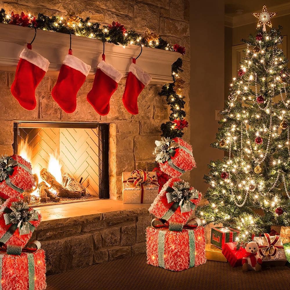 31.89 in. H Red Frosted Gift Boxes with Battery Operated Christmas Lights - Hercitys