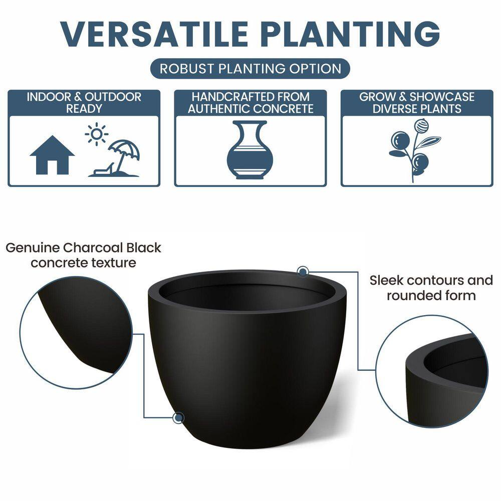17.5 in. Large Charcoal Black Concrete Round Planter / Pot with Drainage Holes - Hercitys