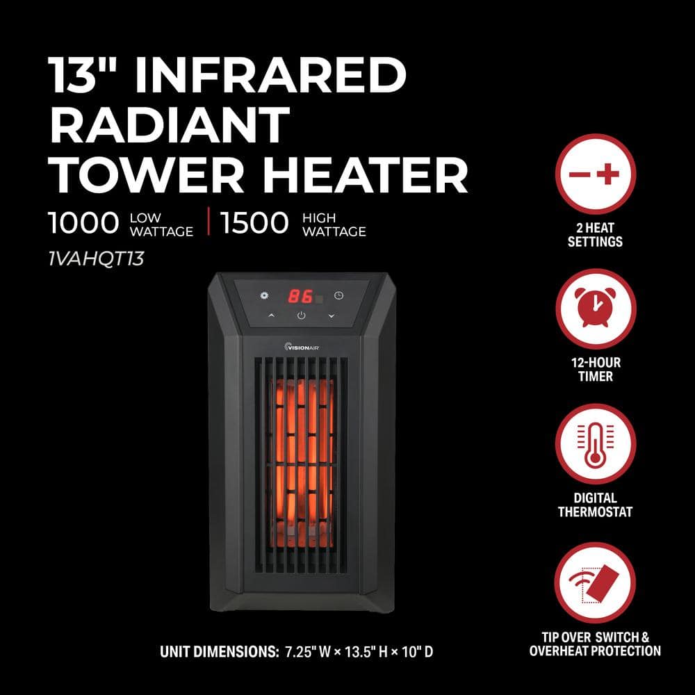 13 in. 1000-Watt/1500-Watt Digital 6 Tube Infrared Electric Heater with Remote – Quartz Tube Heating Element - Hercitys