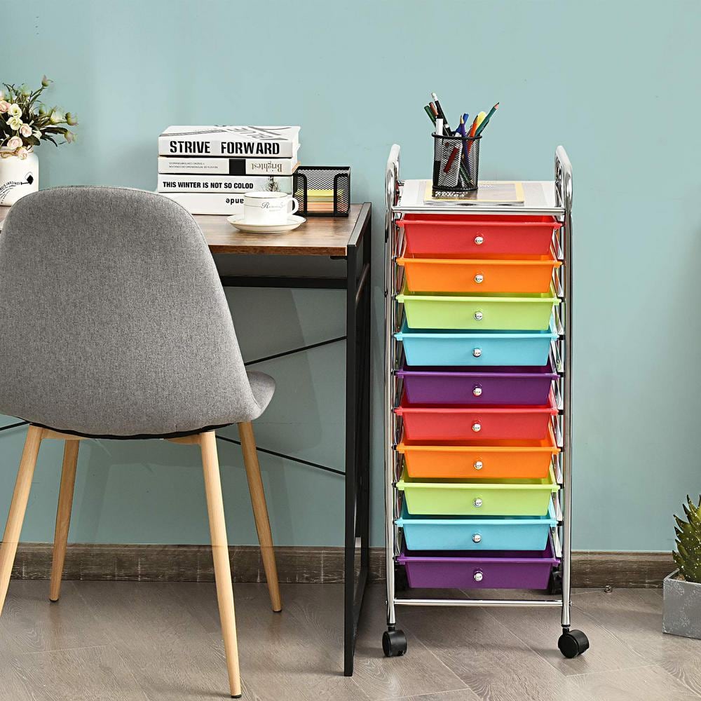 10-Tier Multicolor Rolling Storage Cart Organizer Steel Kitchen Cart with Plastic Drawers - Hercitys