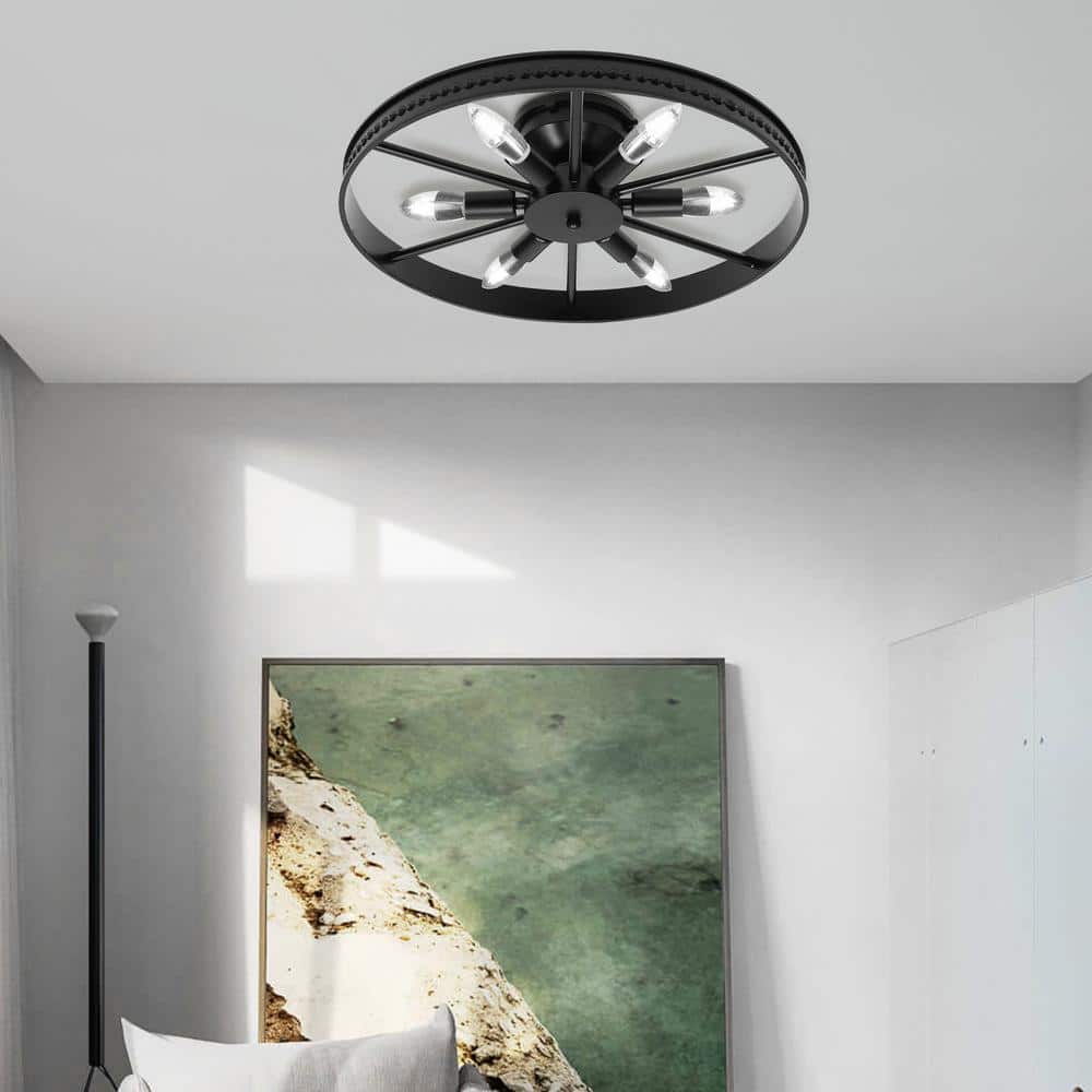 18 in. 6-Light Black Industrial Wagon Wheel Rustic Flush Mount Ceiling Light - Hercitys