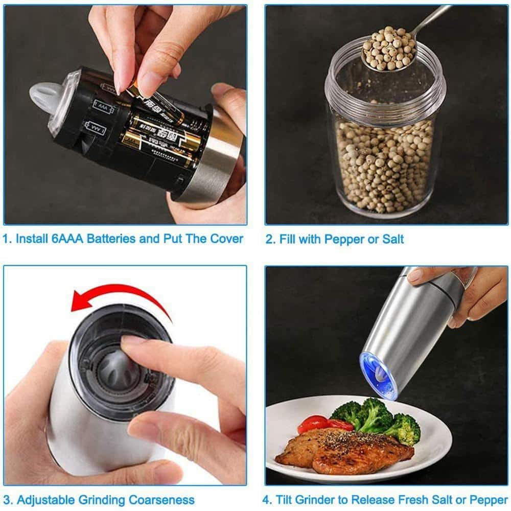 2-Pack Stainless Steel Black Gravity Electric Automatic Pepper and Salt Grinder Set; Battery Powered with LED Light - Hercitys