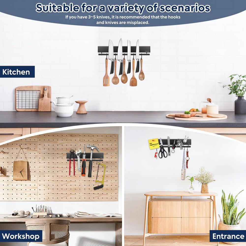 5-Knife 12 in. Stainless Steel Magnetic Knife Holder with 5 Hooks, Black Knife Magnetic Strip, Magnetic Knife Bar - Hercitys