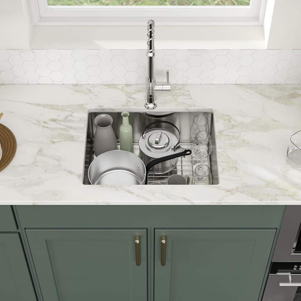 23 in. Undermount Kitchen Sink Single Bowl 16-Guage Stainless Steel Sink with Bottom Grid - Hercitys