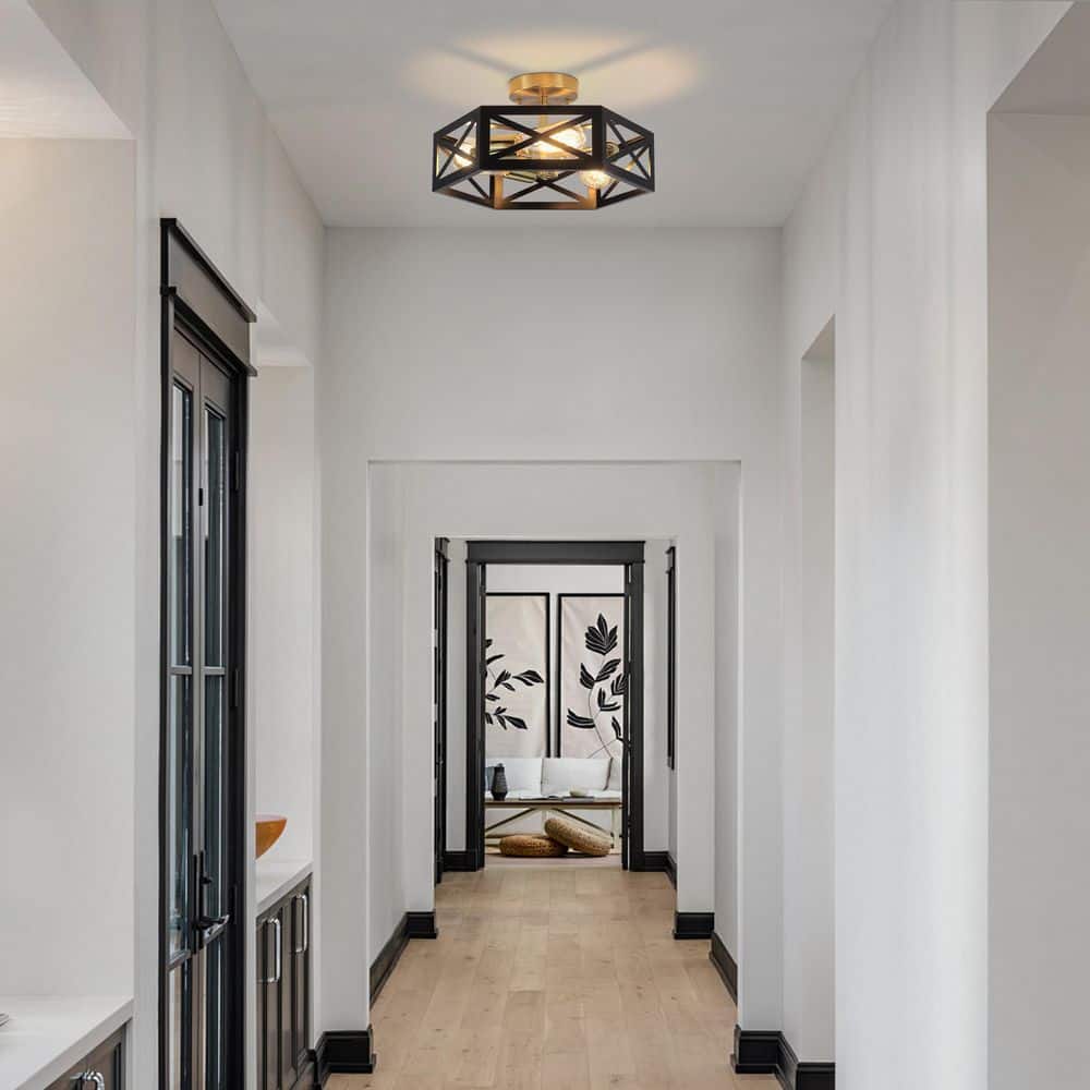 14.57 in. 3-Light Black and Gold Modern Industrial Metal Hexagonal Semi-Flush Mount Ceiling Light - Hercitys