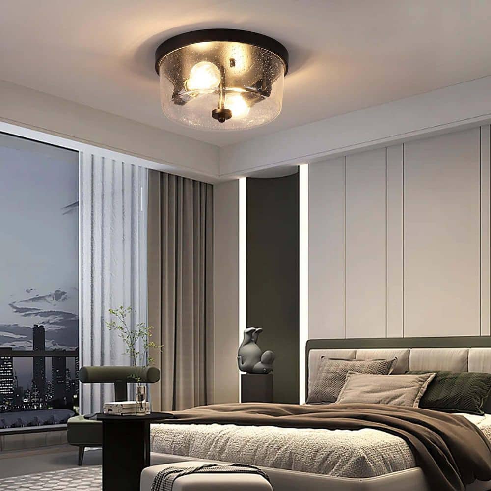 10.63 in. 2-Light Black Farmhouse Flush Mount with Seeded Glass Shade and No Bulbs Included (2-Pack) - Hercitys