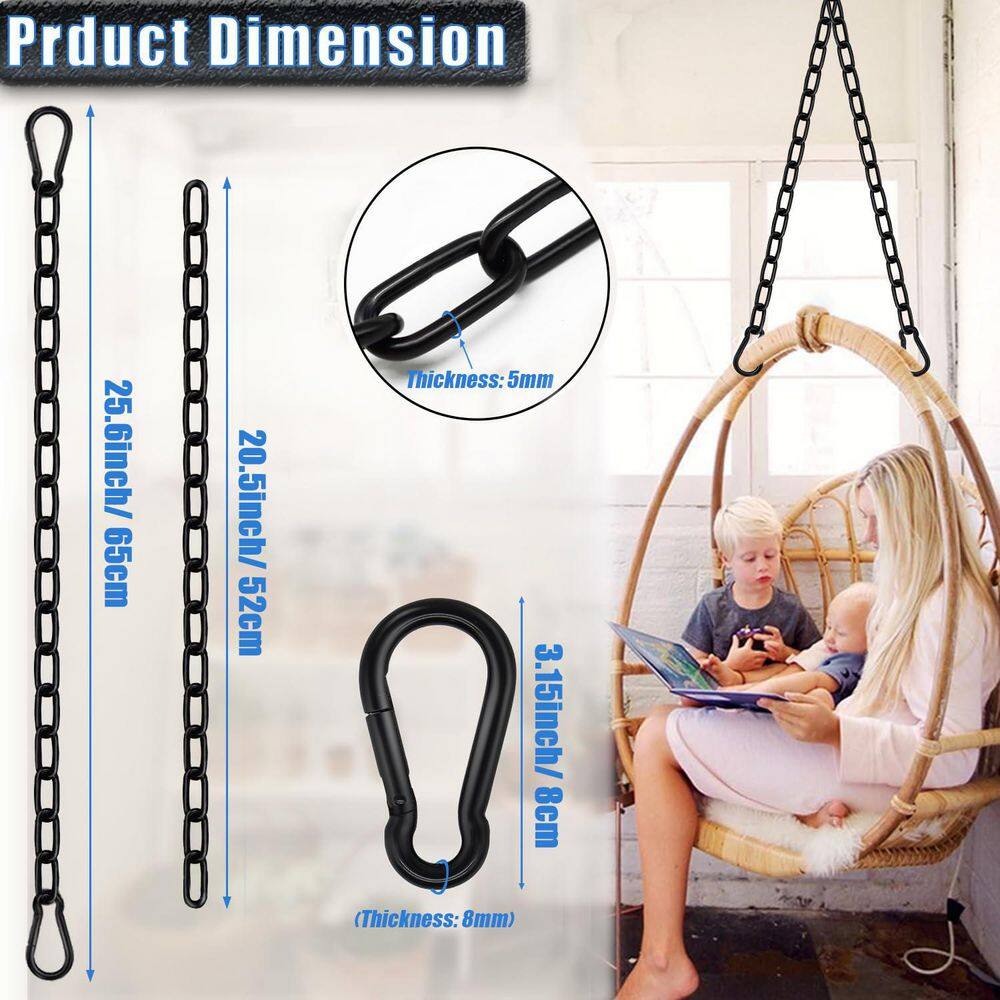 25.6 in. 660 lb. Capacity Hanging Swing Chain with 4 Carabiners for Punching Bags, Swing Chairs, Black (2-Pack) - Hercitys