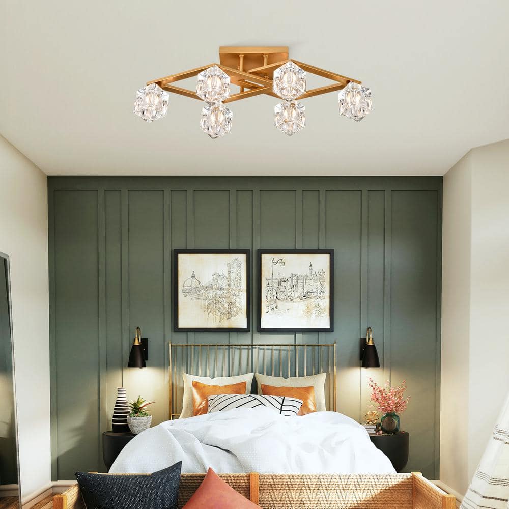 24.9 in. 6-Light Gold Modern Farmhouse Flush Mount with Cube Shade - Hercitys