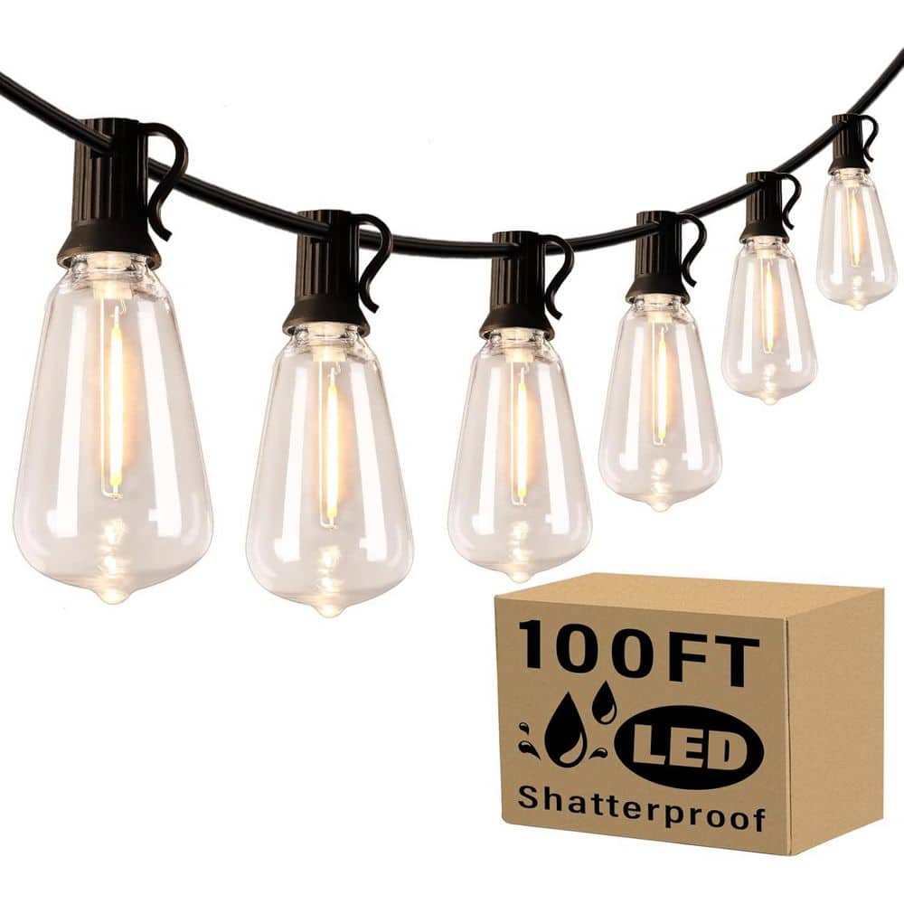 100 ft. LED Outdoor/Indoor Plug-in String Lights with 52 Shatterproof ST38 Vintage Edison Bulbs - Hercitys
