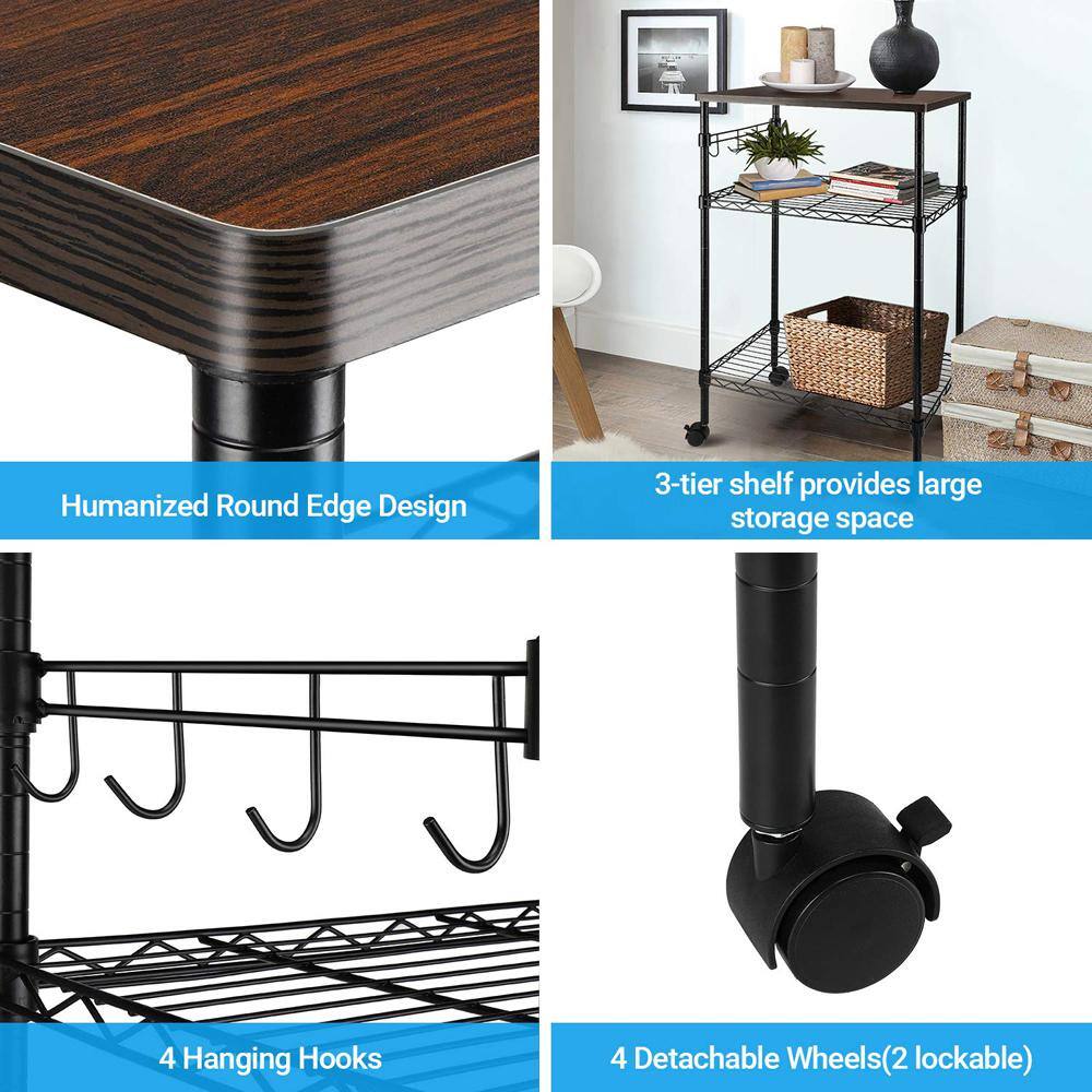 4-Wheeled Metal Multi-functional Kitchen Utility Cart in Black - Hercitys