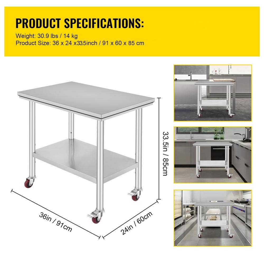 35 x 24 x 33 in. Stainless Steel, 700LBS. Capacity, 4 Wheels, 3-Level Height Adjustable Kitchen Prep Table, Silver - Hercitys