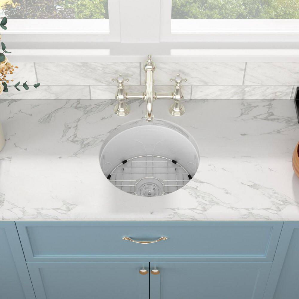 18 in. Undermount Single Bowl Round White Ceramic Kitchen Sink with Bottom Grid and Strainer - Hercitys