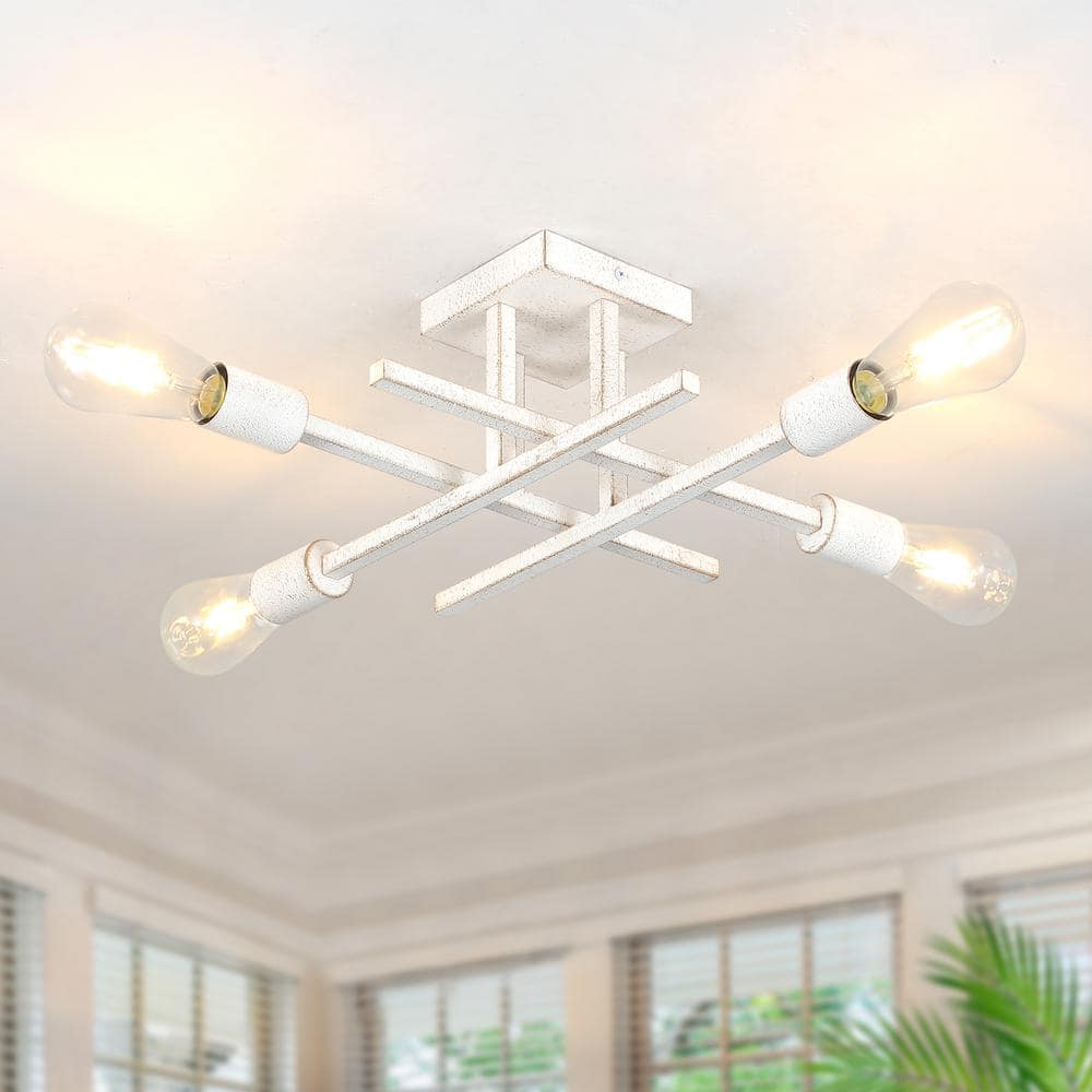 18.11 in. 4-Light White Dimmable Sputnik Linear Semi Flush Mount Chandelier for Living Room Kitchen Island Dining Room - Hercitys