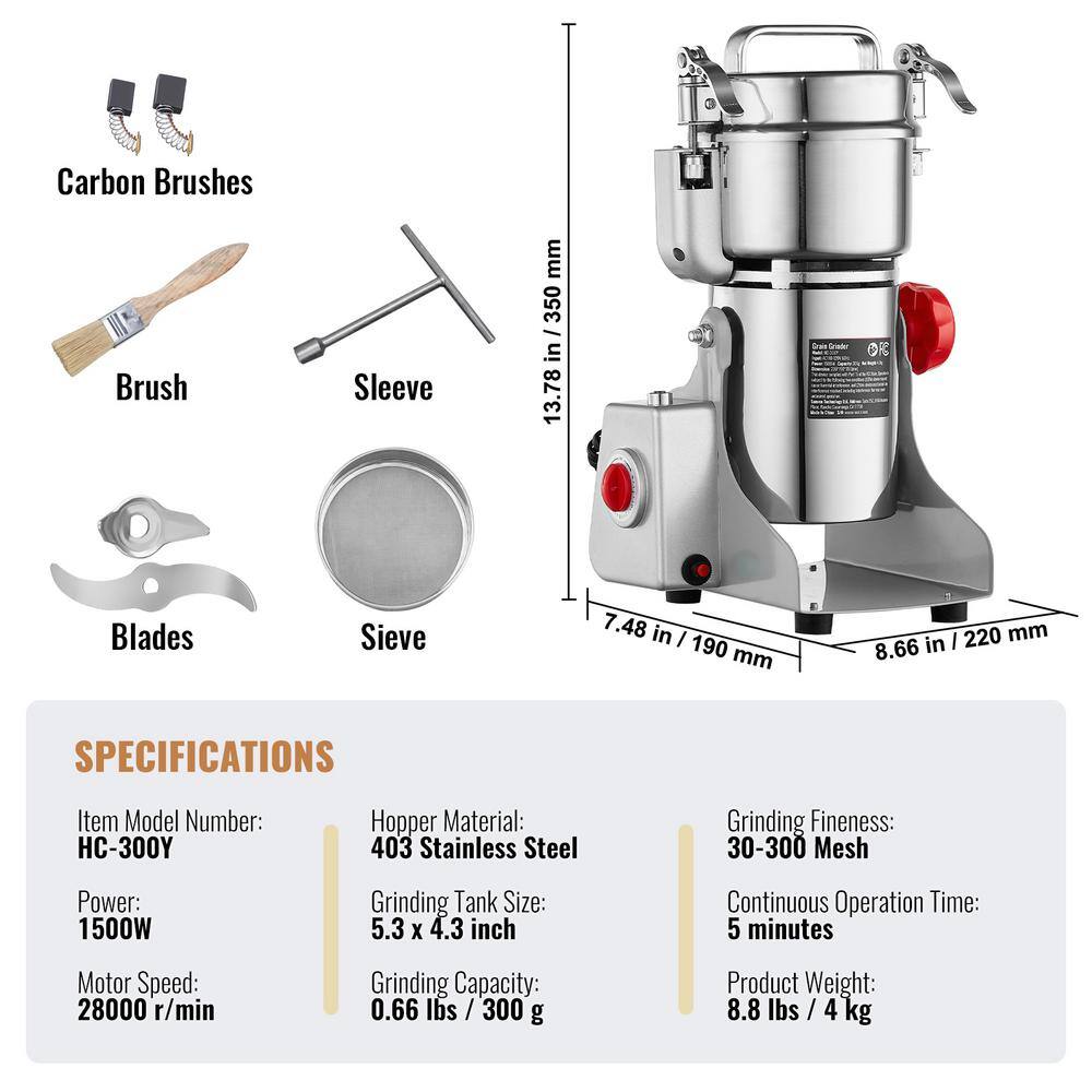 300g Electric Grain Mill Grinder, 1500-Watt High-Speed Commercial Spice Pulverizer, Stainless Steel Powder Machine - Hercitys