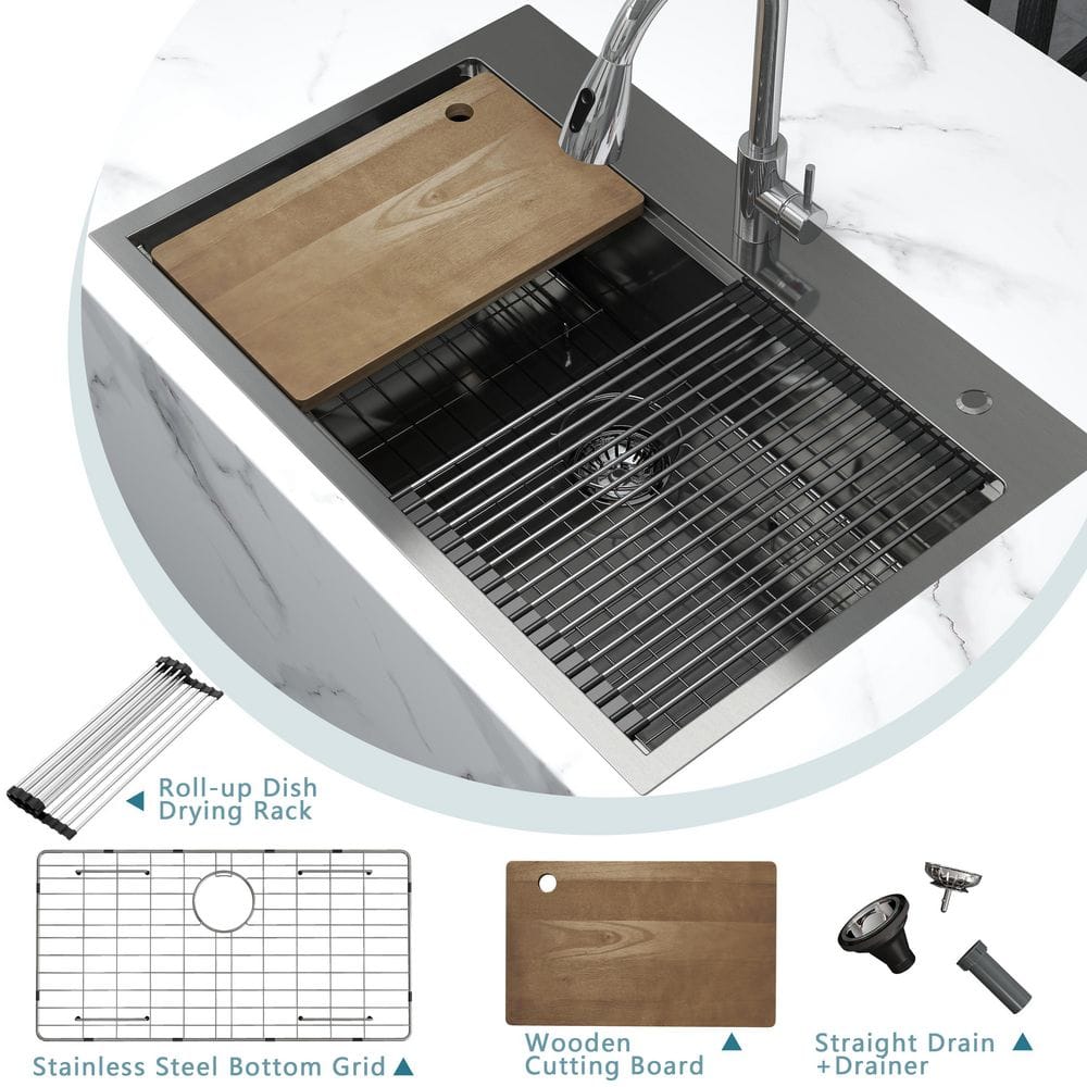 33 in. Drop-In/Undermount Single Bowl 16 Gauge Gunmetal Black Stainless Steel Kitchen Sink with Bottom Grids - Hercitys