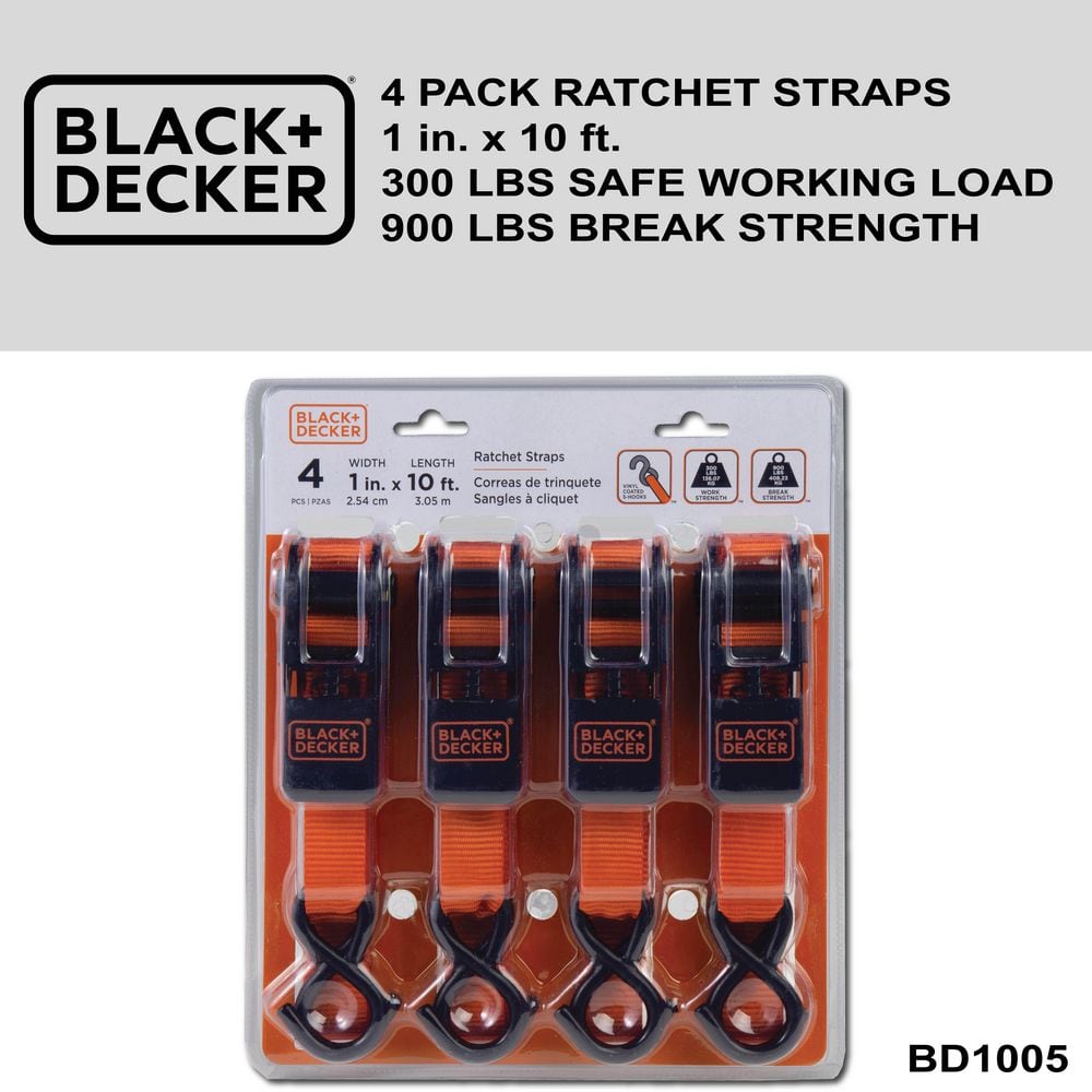 10 ft. x 1 in. Light Duty Ratchet Tie-Down Straps, 900 LB. Break Strength (4-Pack) - Hercitys