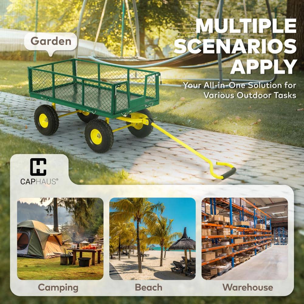 4 cu. ft. Metal Black Garden Cart, W/180° Adjustable Yellow Handle, W/Mat and Strap, Heavy-Duty 880 lbs. Capacity - Hercitys