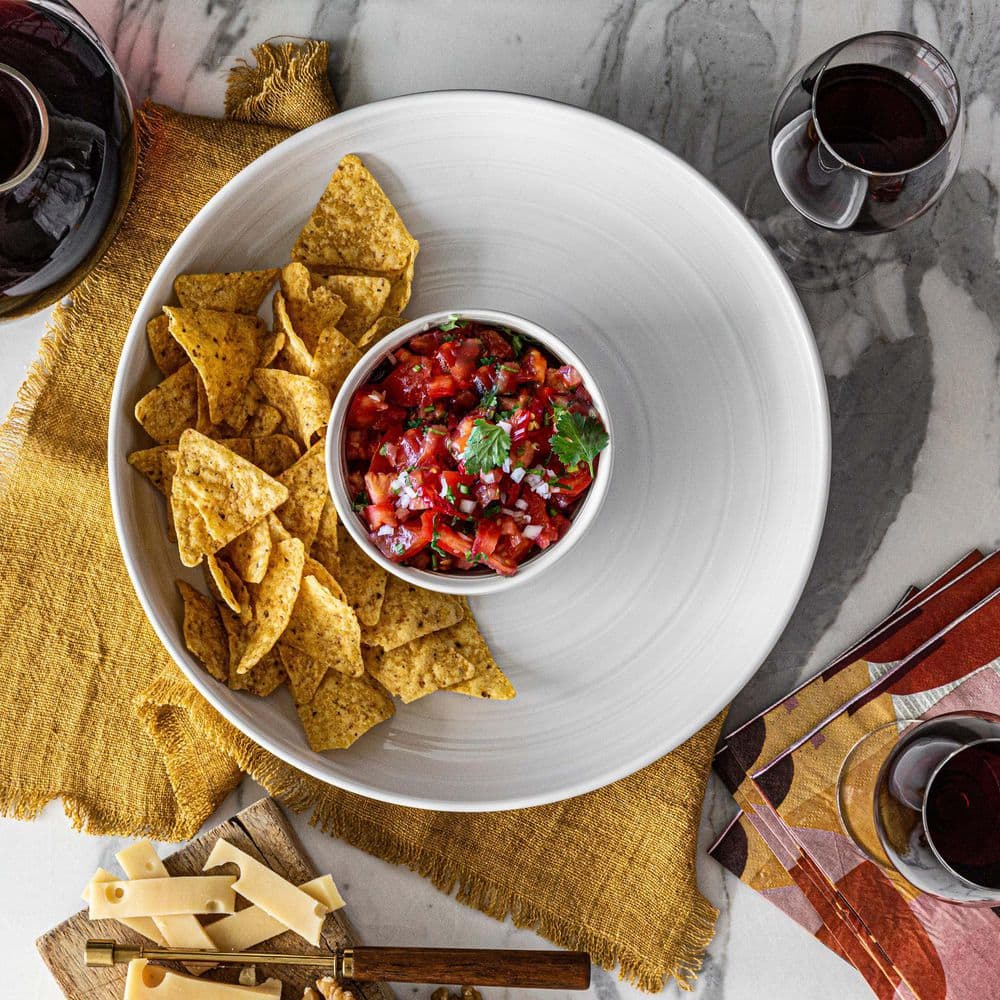 12.99 in. White Stoneware Serving Bowl Round Chip and Dip - Hercitys