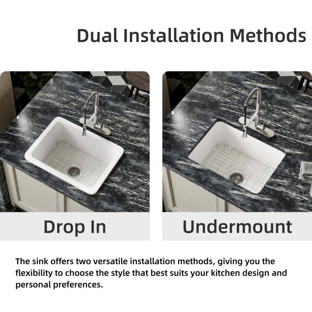 24 in. White Undermount/Drop-in Kitchen Sink Single Bowl, Fireclay Drop-in Kitchen Sink, Drain Kit and Grid Included - Hercitys