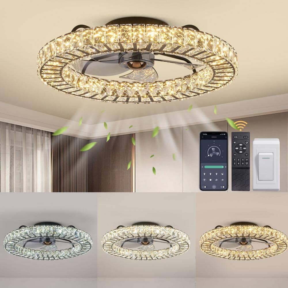 22 in. LED Indoor White Crystal Ceiling Fan with Modern Light White Flush Mount Fan for Bedroom - Hercitys