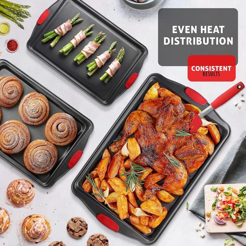 2-Piece Black Steel Nonstick Large Baking Cookie Sheet Set w/Silicone Handles - Hercitys