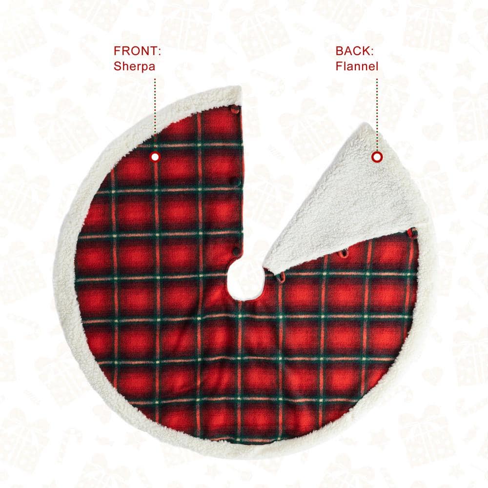 48 in. D Red and Black Plaid Reversible Sherpa/Flannel Christmas Tree Skirt - Hercitys