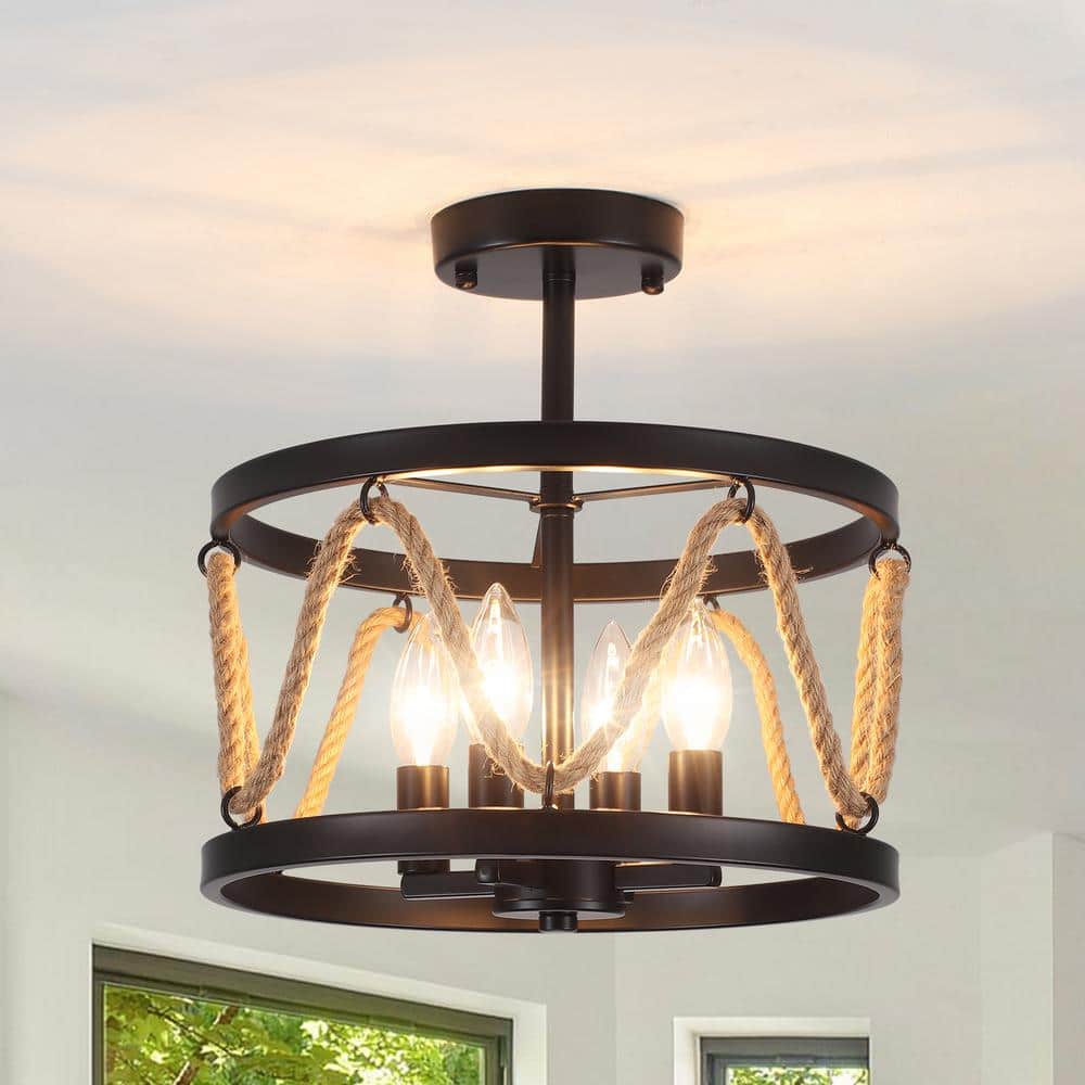 13 in. 4-Light Hemp Rope Black Semi- Flush Mount with No Bulbs Included - Hercitys