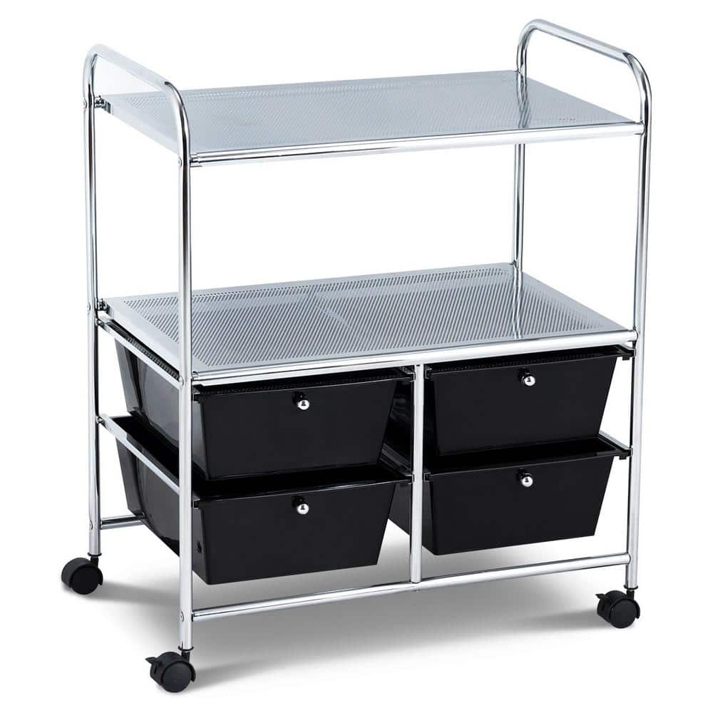 3-Tier Metal 4-Wheeled Rolling Storage Cart Rack Shelf with 4 Drawers in Black - Hercitys