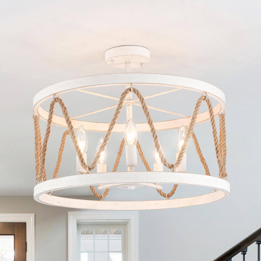 19.68 in. 5-Light White Drum Metal Hemp Rope Semi-Flush Mount Light，No Bulbs Included - Hercitys