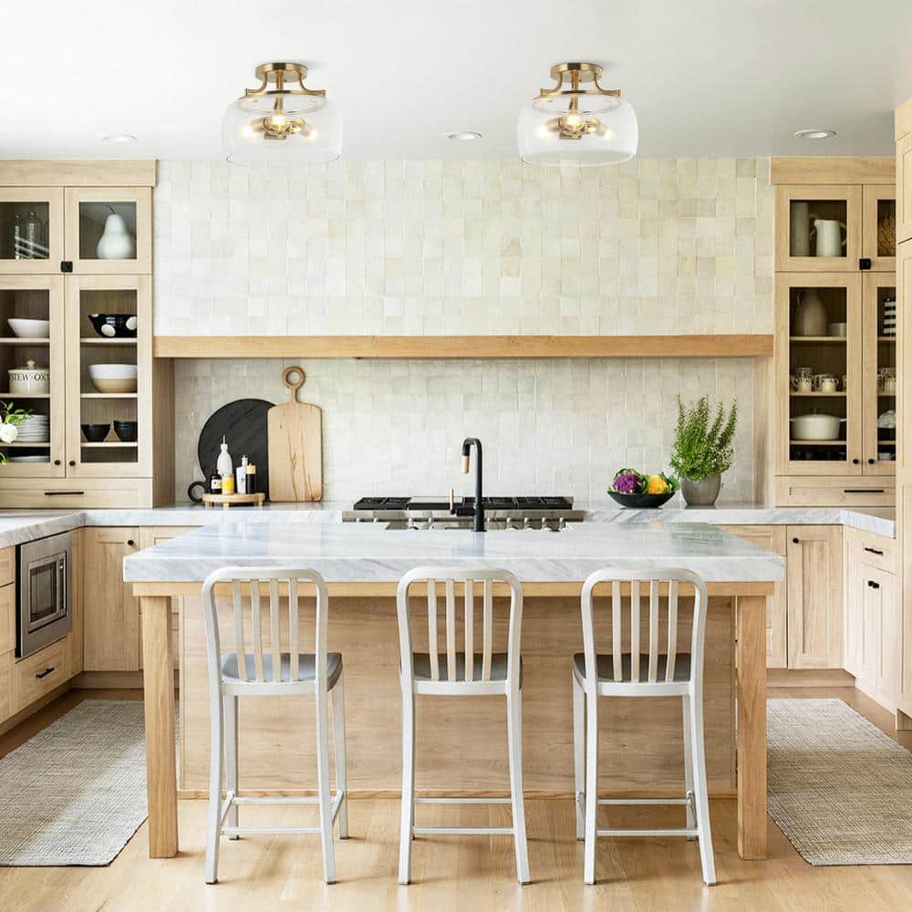 13 in. 3-Light Brass Gold Semi-Flush Mount Ceiling Light Fixture with Clear Glass Shade - Hercitys