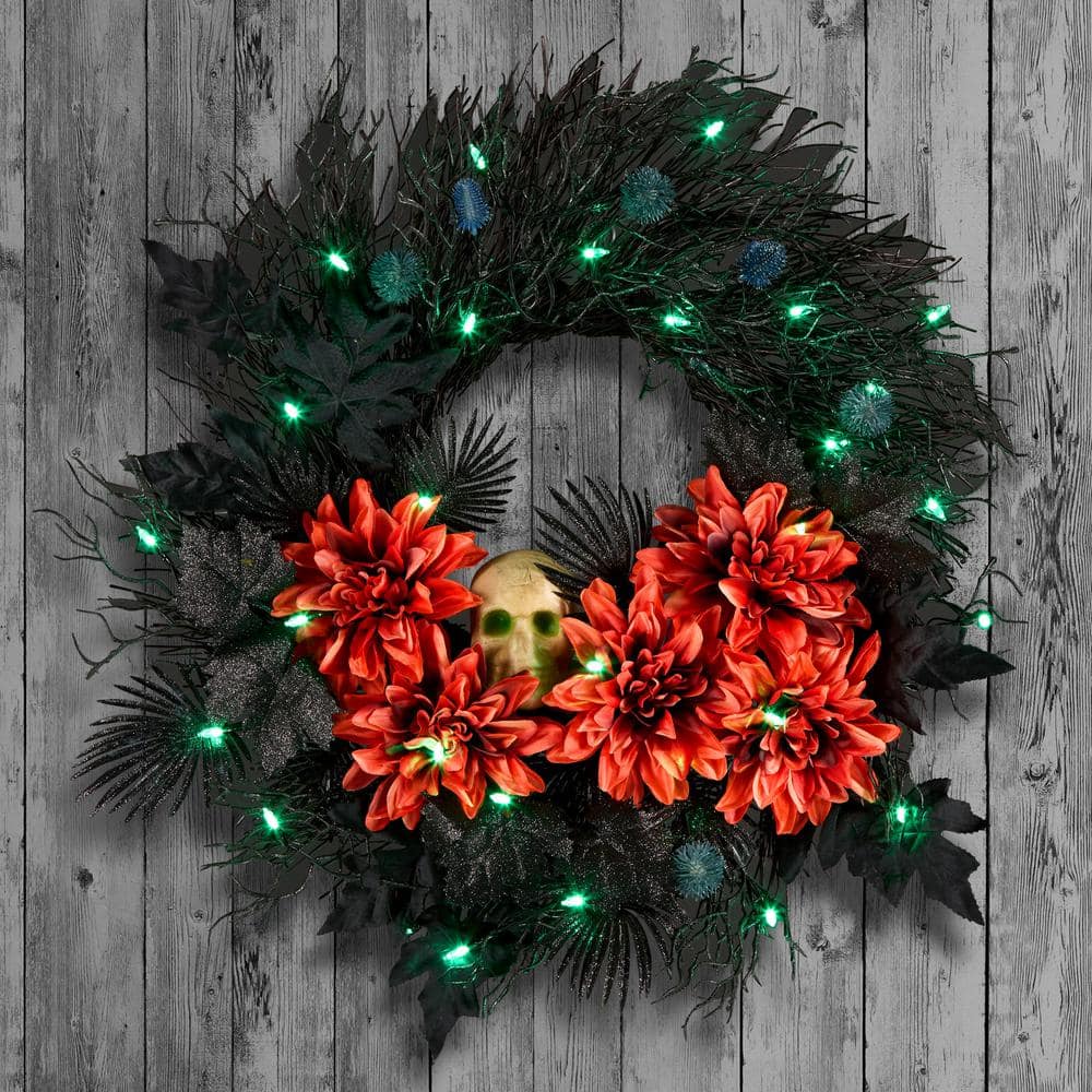24 in. Boo-tiful Halloween Wreath with 30 Green LED Lights - Hercitys