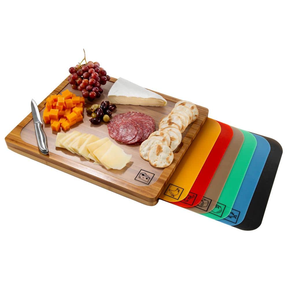 1-Piece Bamboo Cutting Board with 7-Color-Coded Food Icon Flexible Cutting Mat Set - Hercitys