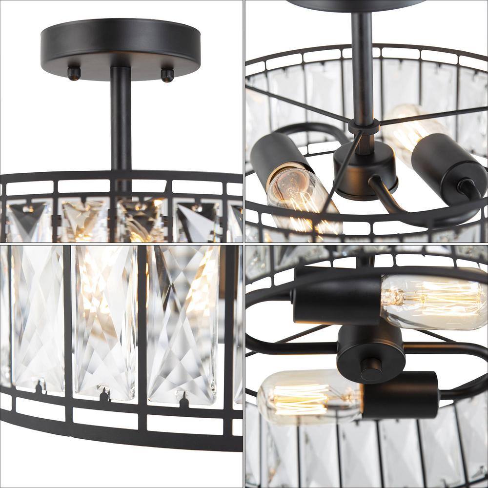 12.5 in. 2-Light Industrial Modern Black Drum Semi Flush Mount Light with Crystal Glass Shade - Hercitys