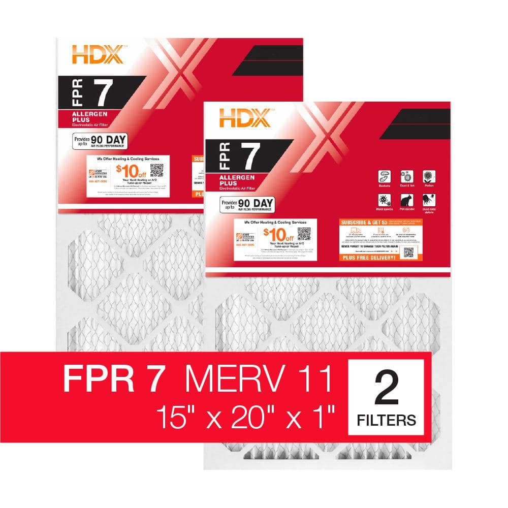 15 in. x 20 in. x 1 in. Allergen Plus Pleated Air Filter FPR 7, MERV 11 (2-Pack) - Hercitys
