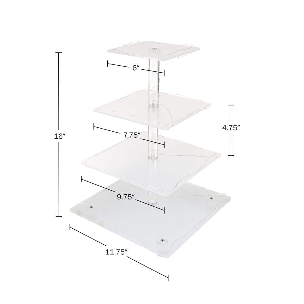 4-Tier Clear Acrylic Square Cupcake Display and Cake Stand with Yellow LED Lights - Hercitys