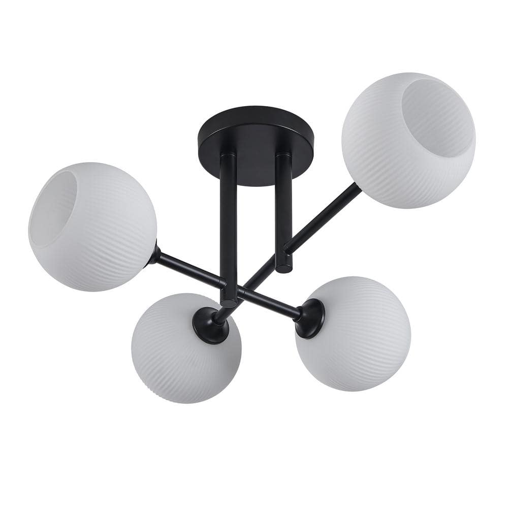 23 in. 4-Light Black Semi-Flush Mount with Frosted Opal White Ribbed Glass Shade - Hercitys