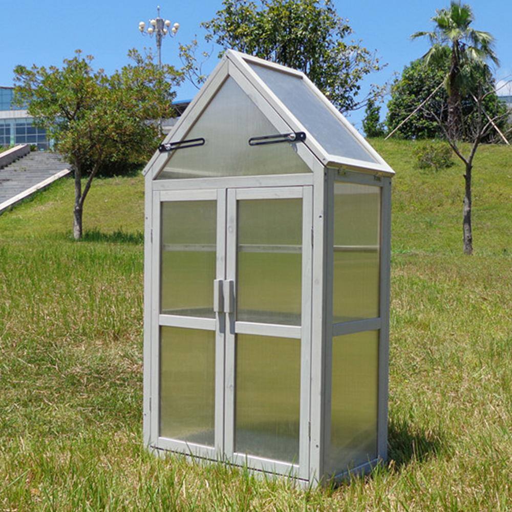27.55 in. W x 16.14 in. D x 52.36 in. H Wood Gray Mini Greenhouse with Adjustable Roof Panels, Adjustable Shelf - Hercitys