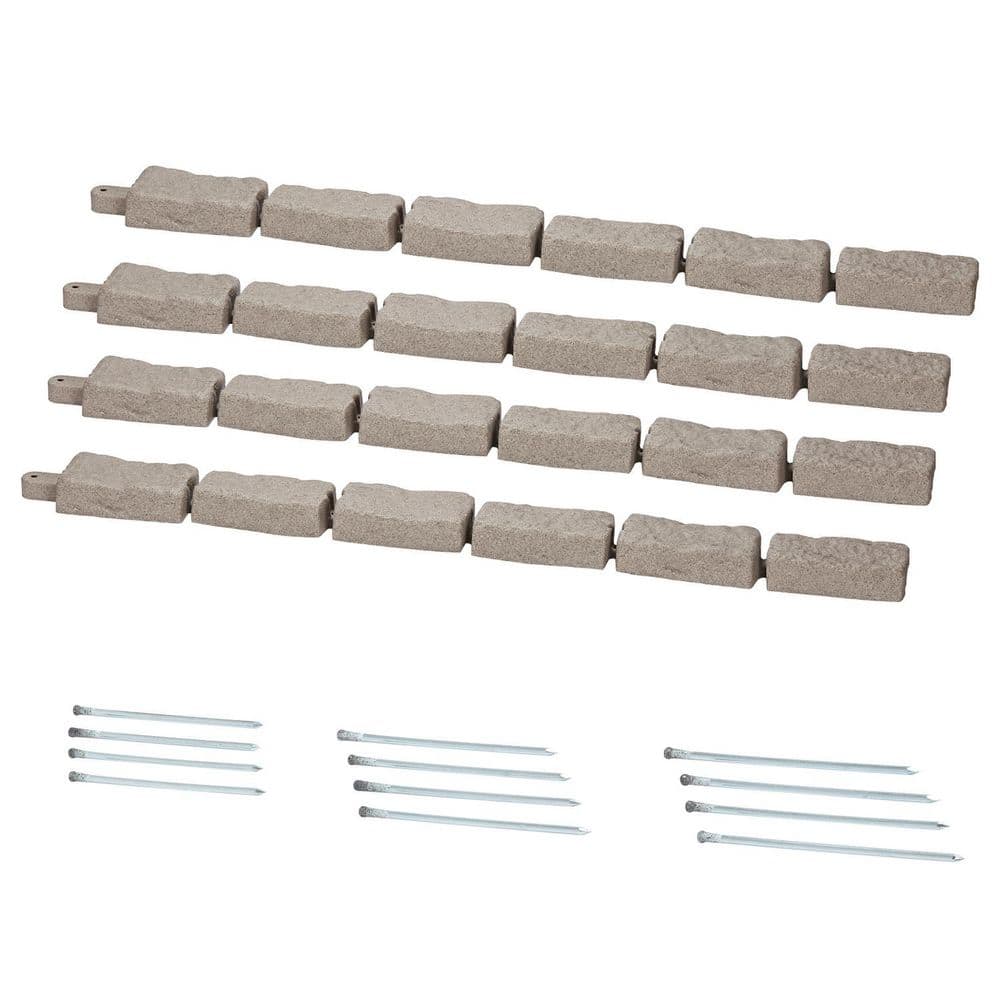 46.4 x 2.2 in. Beige Faux Stone Landscape Edging, Flexible Brick-Sized Yard Border with Anchoring Spikes Polyethylene - Hercitys