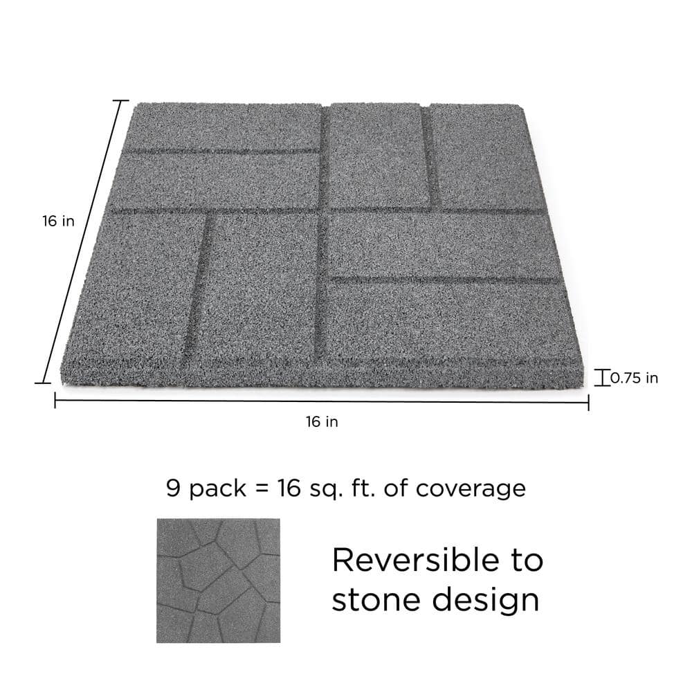 16 in. x 16 in. x 3/4 in. Gray Dual-Sided Rubber Paver (9-Pack) - Hercitys