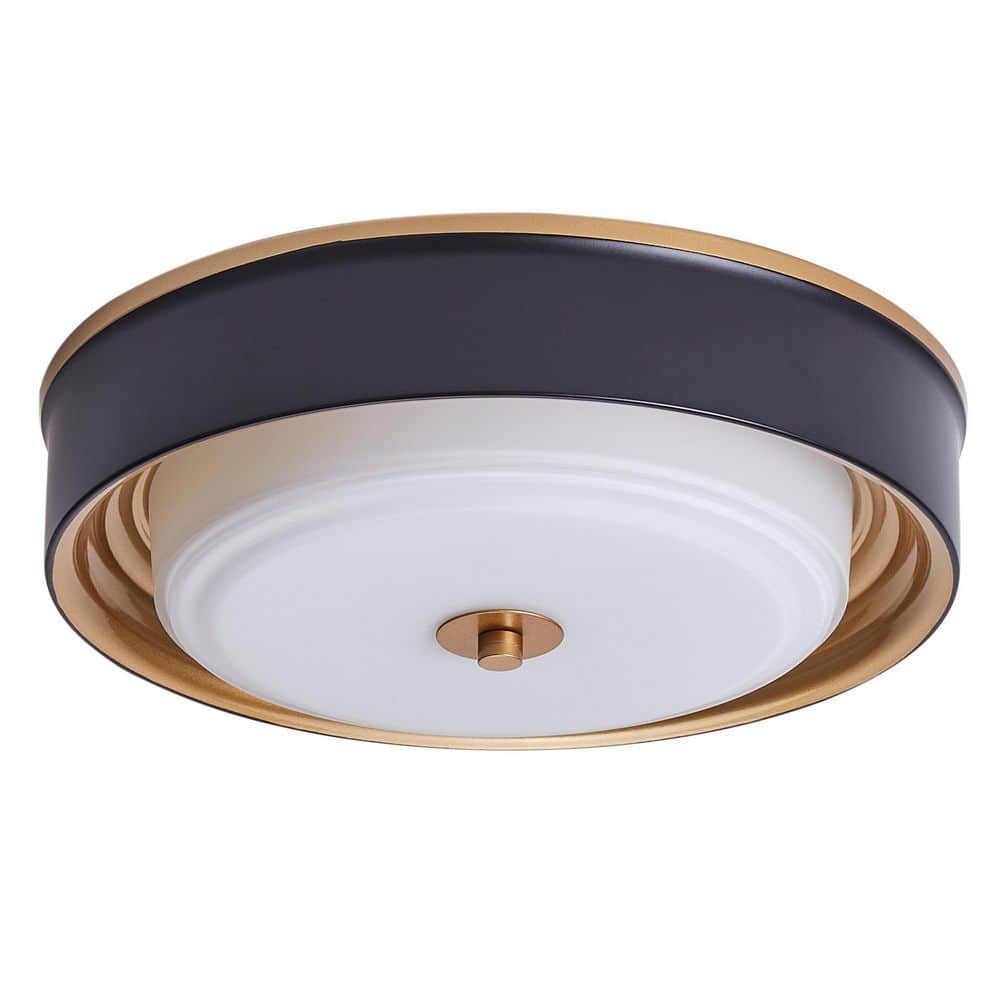 13.2 in. 2-Light Black Flush Mount Ceiling Light with Drum White Glass Shade - Hercitys