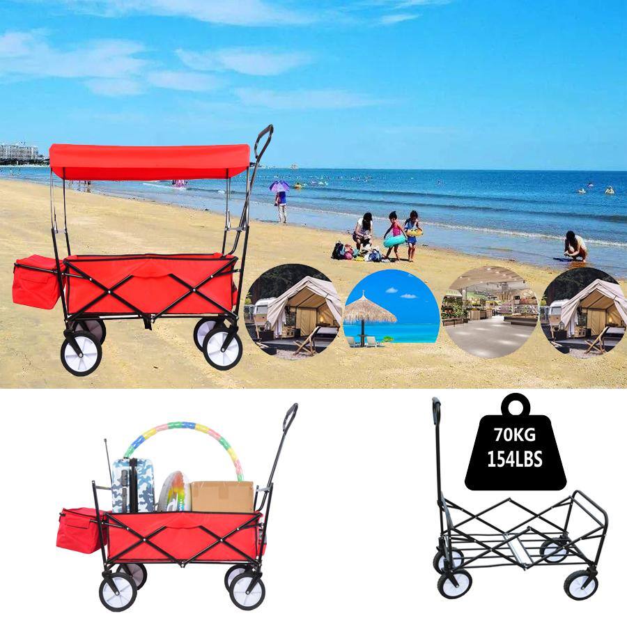 3.6 cu. ft. Red Fabric Folding Garden Cart with Adjustable Handle and Removable Canopy for Garden, Beach, Shopping - Hercitys