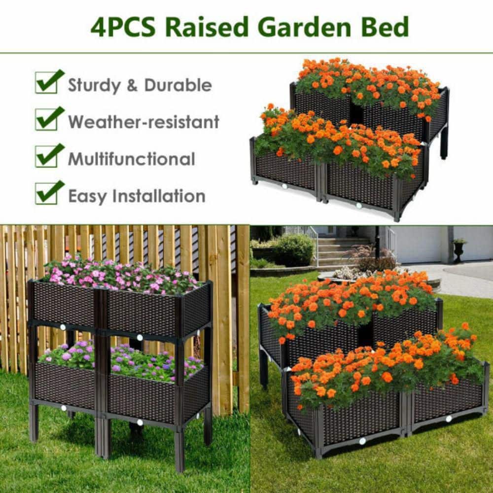 16 in. x 16 in. x 17.5 in. Plastic Elevated Flower Vegetable Herb Grow Planter Box in Brown (Set of 4) - Hercitys