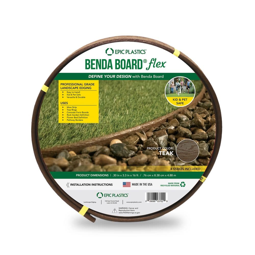 16 ft. x 3.3 in. x .30 in. Benda Board Flex Plastic Teak Edging Pack (4-Stakes Included) - Hercitys