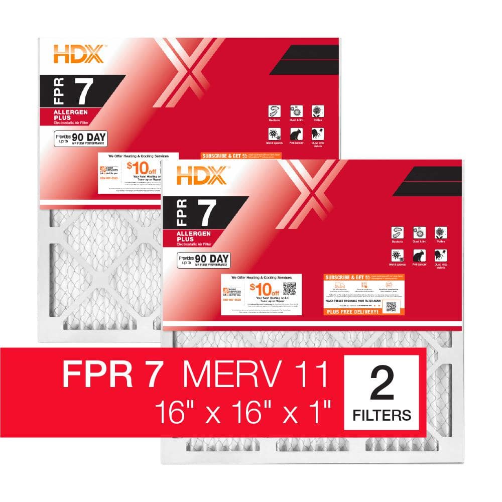 16 in. x 16 in. x 1 in. Allergen Plus Pleated Air Filter FPR 7, MERV 11 (2-Pack) - Hercitys