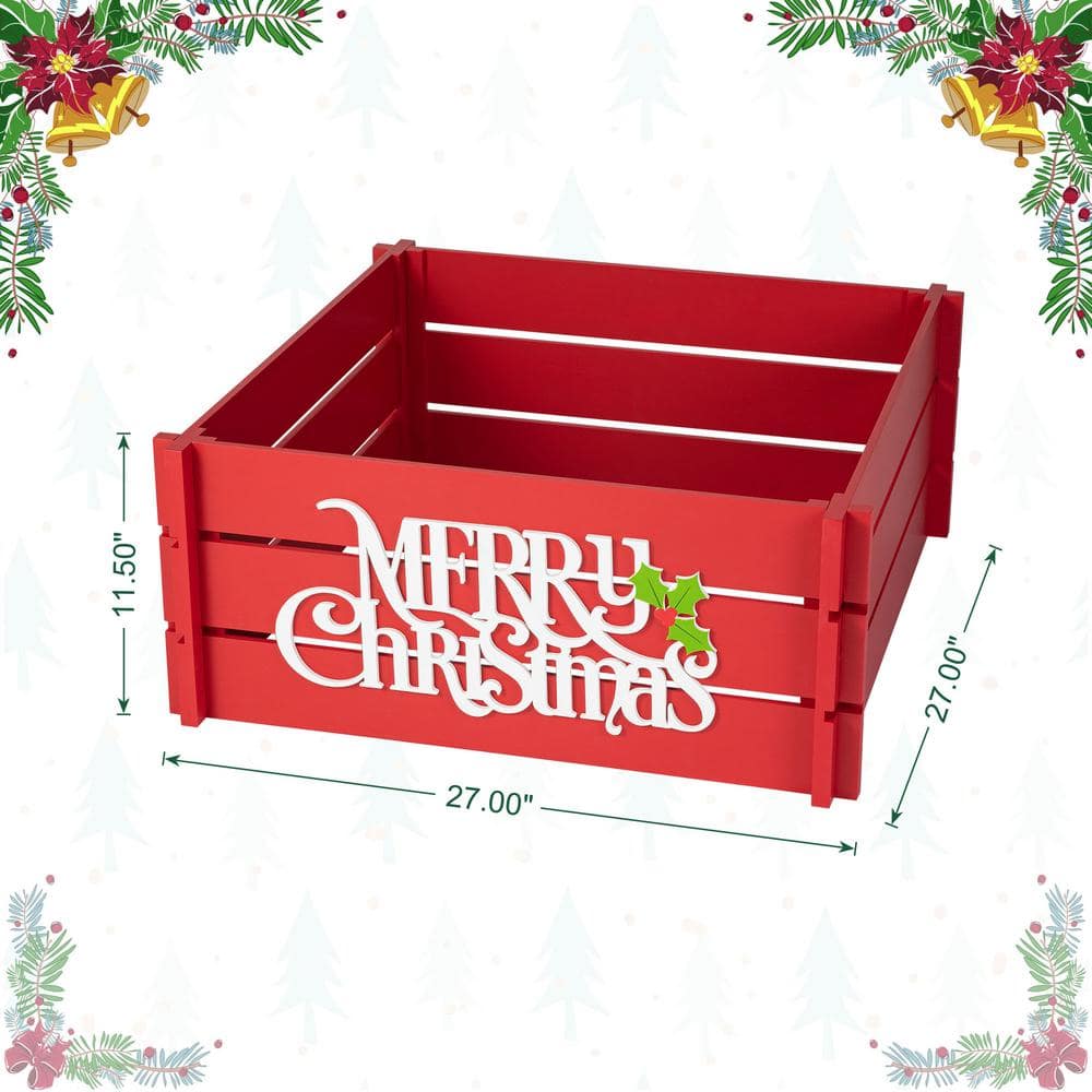 27 in. L Red “MERRY CHRISTMAS” Wooden Crate Tree Collar - Hercitys