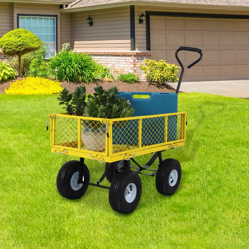 3 Cu. Ft. Yellow Steel Garden Cart, Wagon Cart, Removable Side Steel Mesh - Hercitys
