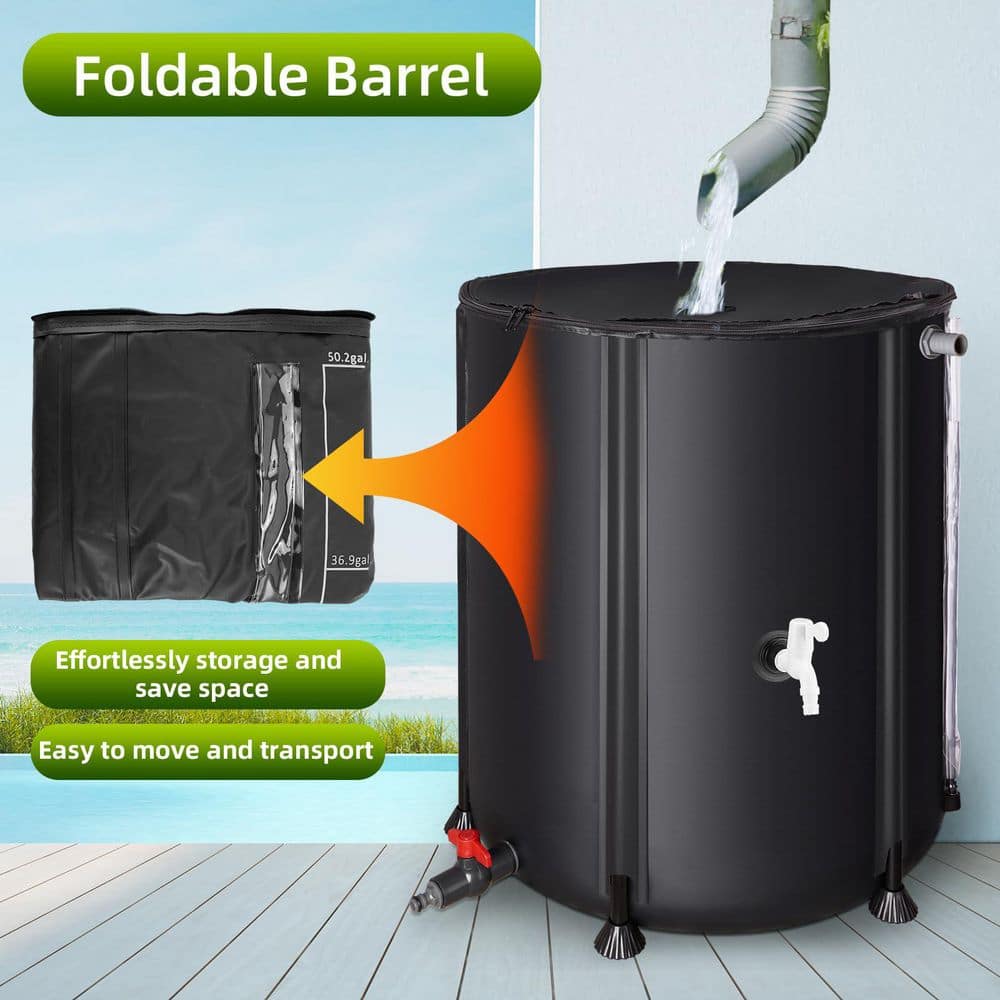 53 gal. Portable Water Tank Foldable Rain Collection System Downspout Water Catcher with Filter Spigots and Overflow Kit - Hercitys