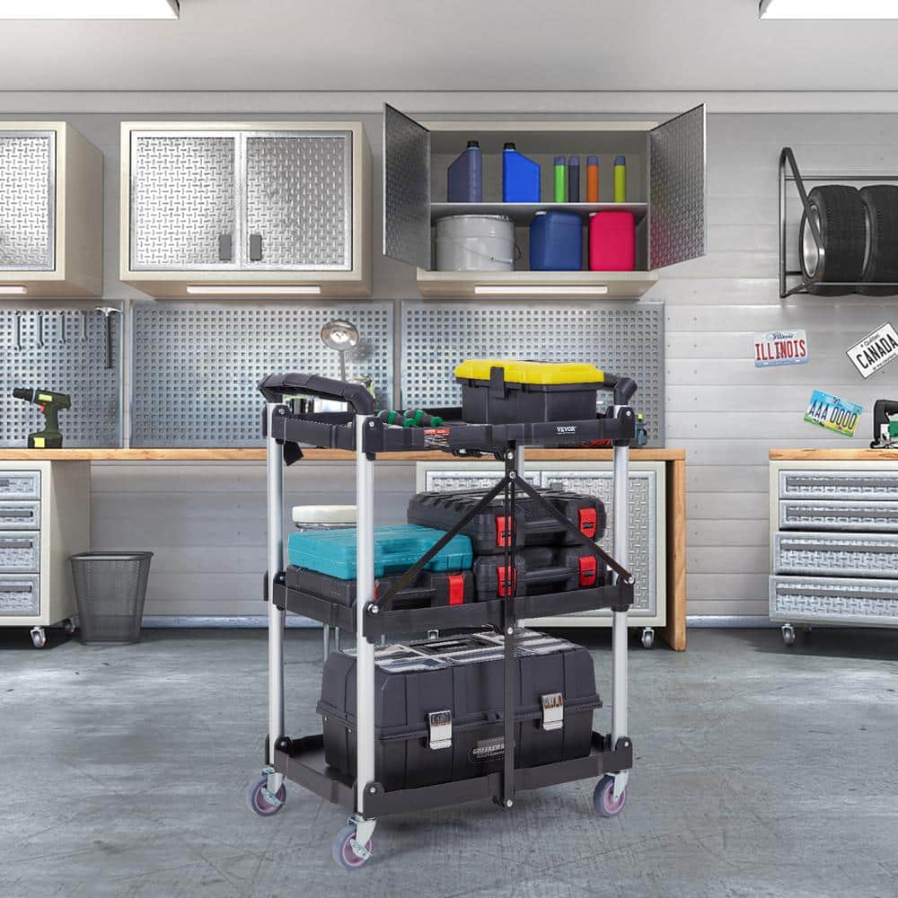 3-Shelf Foldable Utility Service Cart 165 lbs. Capacity Heavy Duty Plastic Rolling Cart in Black with Lockable Wheels - Hercitys