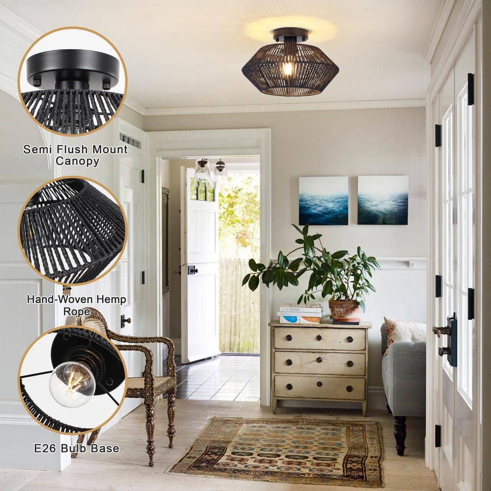 12.59 in. 1-Light Gold and White Metal Semi-Flush Mount Light with Imitation Hemp Rope Shade and No Bulbs Included - Hercitys