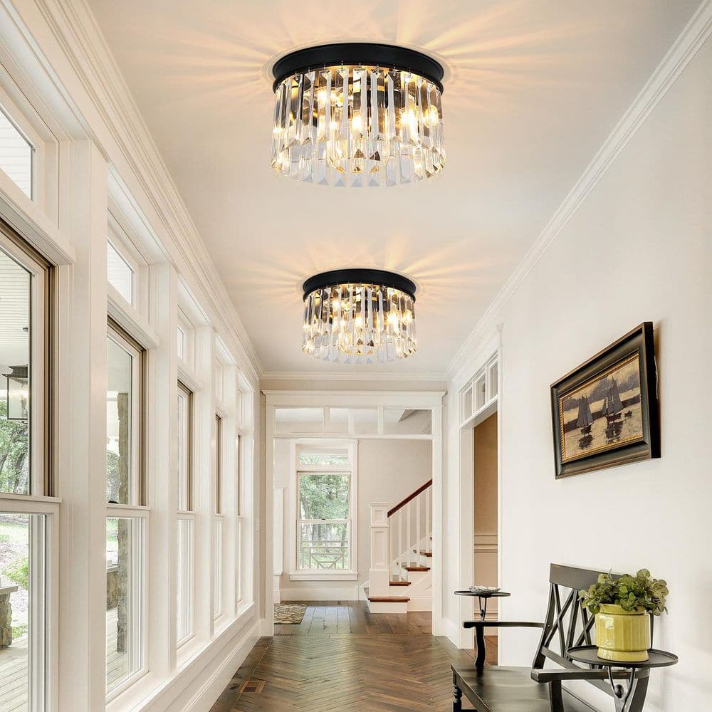 12 in. 3-Light Modern Black Round Flush Mount Ceiling Light with 2 Tiers Clear Crystal Shades - Hercitys